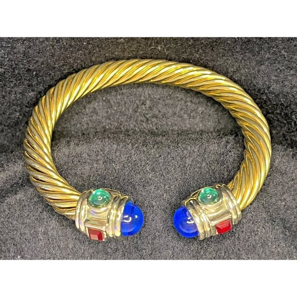 Vtg 90s Mogul Bracelet Gripoix Glass Cabochons Gold Tone Twisted Cable Adjustabl - Picture 5 of 16